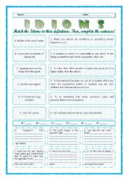English Worksheet: --*--*--*-- Idioms 09! --*-- Animals --*-- Definitions + Exercise --*-- BW Included --*--*--*-- FULLY EDITABLE WITH KEY!