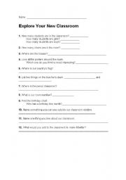 English worksheet: Explore your new classroom