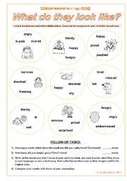 English Worksheet: FEELINGS  What do they look like?  VOCABULARY WORKSHEET NO. 1  answer key included  fully editable  GOOD FOR ADULTS AT BEGINNER OR ELEMENTARY LEVEL, TOO!!