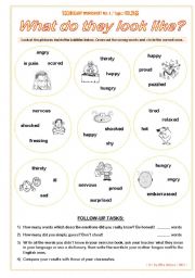 FEELINGS  What do they look like?  VOCABULARY WORKSHEET NO. 1  answer key included  fully editable  GOOD FOR ADULTS AT BEGINNER OR ELEMENTARY LEVEL, TOO!!