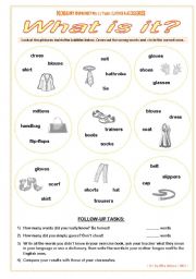 CLOTHES  What is it?  VOCABULARY WORKSHEET NO. 2  answer key included  fully editable  GOOD FOR ADULTS AT BEGINNER OR ELEMENTARY LEVEL, TOO!!