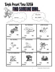 English Worksheet: Simple Present Tense Bingo