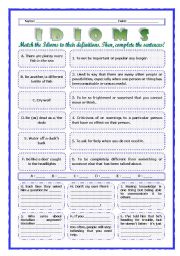 English Worksheet: --*--*--*-- Idioms 10! --*-- Animals --*-- Definitions + Exercise --*-- BW Included --*--*--*-- FULLY EDITABLE WITH KEY! 