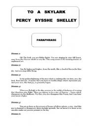 English Worksheet: To a Skylark of P.B. Shelley --- Paraphrase and Figures of Speech