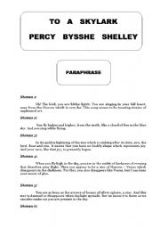 English Worksheet: To a Skylark of P.B. Shelley --- Paraphrase and Figures of Speech