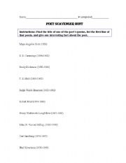 English Worksheet: Poet Scavenger Hunt