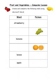 English worksheet: Food - Complete the Table - Computer Activity