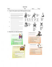 English Worksheet: test with comparative adjectives possessive pronouns and present progressive