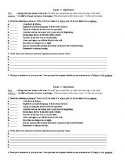 English Worksheet: Facts versus Opinions