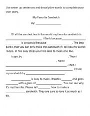 English Worksheet: My Favorite Sandwhich Story Writing Worksheet