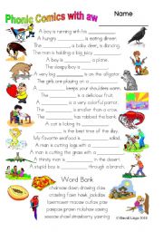 3 pages of Phonic Comics with aw: worksheet, comic dialogue and key (#32)