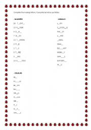 English worksheet: Complete (numbers, colours and animals)