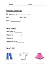 English Worksheet: Test for 1.grade: Conversation, Colours, Clothes
