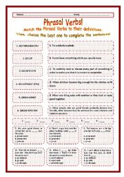 English Worksheet: > Phrasal Verbs Practice 84! > --*-- Definitions + Exercise --*-- BW Included --*-- Fully Editable With Key!