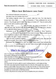 English Worksheet: Where does Halloween come from and Jack O lantern quiz