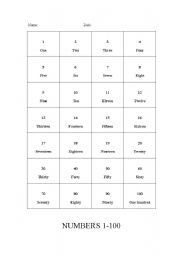 English worksheet: numbers 1-100