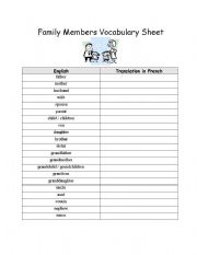 English worksheet: Family Members Vocabulary Sheet