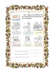 English worksheet: activity in the bathroom - coloring, tracing, writing