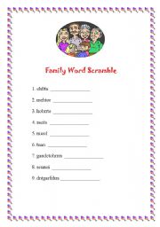 English worksheet: Family word scramble activity