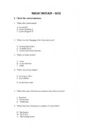 English Worksheet: GREAT BRITAIN QUIZ