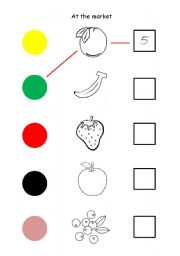 English worksheet: At the market listening: fruit, colours & numbers (with instructions!)