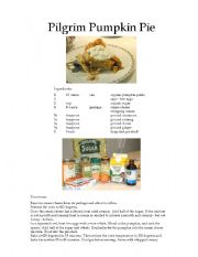 English Worksheet: Thanksgiving Pilgrim Pumkin Pie recipe