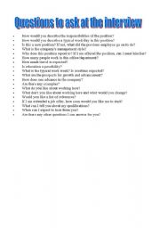 English worksheet: Questions to ask at the interview