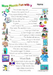 English Worksheet: 3 pages of Phonic Comics with y study: worksheet, comic dialogue and key (#34)