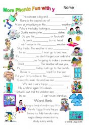 3 pages of Phonic Comics with y study: worksheet, comic dialogue and key (#34)