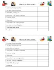 English Worksheet: Find someone who (skills/abilities and interests)