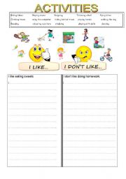 English Worksheet: I LIKE I DONT LIKE + ACTIVITIES(ING)