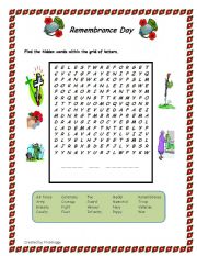 English Worksheet: Remembrance Day -Wordsearch