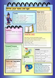 English Worksheet: Test for Family, Body, Numbers, Colours, Animals, Pronouns, Fruit & Vegetables