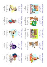 English Worksheet: More Present Continuous Go Fish! cards 61-80 of 100 with instructions and backs 