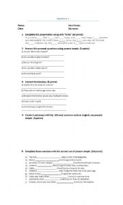 English worksheet: Verb to be and present simple test