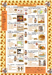 English Worksheet: Thankgiving Quiz II - who, what, where...