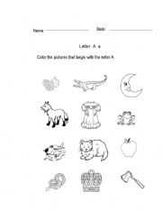 English worksheet: Color the pictures that begin with the letter A