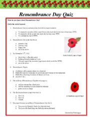 English Worksheet: Remembrance Day Quiz