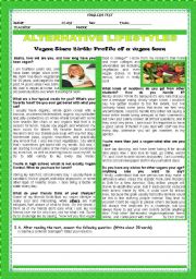 English Worksheet: ALTERNATIVE LIFESTYLES - VEGAN SINCE BIRTH:PROFILE OF A VEGAN TEEN