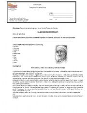 English Worksheet: Mother Teresa reading comprehension