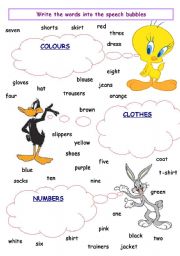 English Worksheet: numbers-colours-clothes