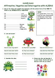 English Worksheet: HAVE/HAS (Affirm/Neg/Interrog) WITH ALIENS