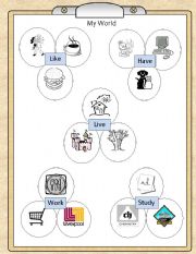 English worksheet: My world (like, have, live, work, study)