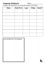 English worksheet: compering mini beast