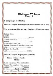 English Worksheet: mid term 7th form