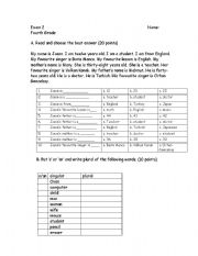 English worksheet: test 4th grade