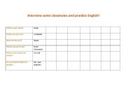 English Worksheet: Interview your classmates, chart