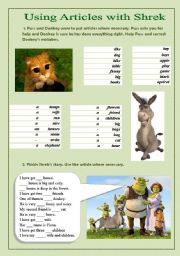 English Worksheet: Using articles with Shrek