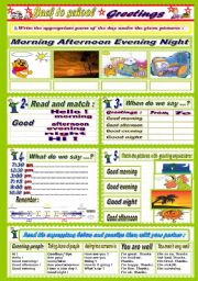 English Worksheet: Parts of the day + Greetings 