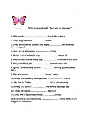 English Worksheet: but-because-and